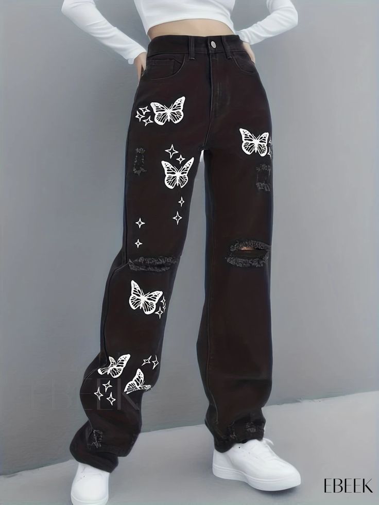 Ebeek - Chic Butterfly Print Straight Leg Jeans with Distressed Details: Wide-Leg Street Style Denim Jeans for Women Super Ripped Pants, Printed Jeans Women, Butterfly Jeans Outfit, How To Style High Waisted Jeans, Jeans With Patterns, Jeans With Butterflies, Fancy Pants Outfit, Butterfly Clothing, Jeans Butterfly