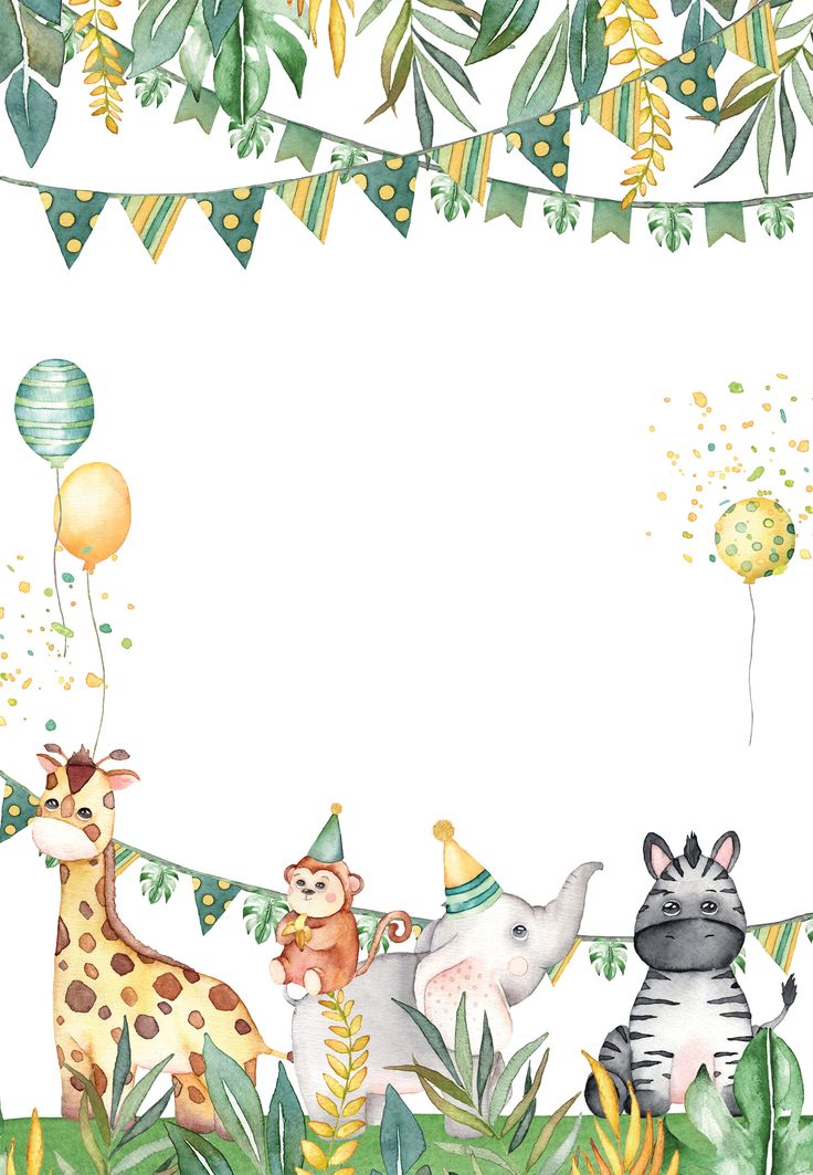 an animal birthday card with balloons and streamers on the top, surrounded by jungle animals