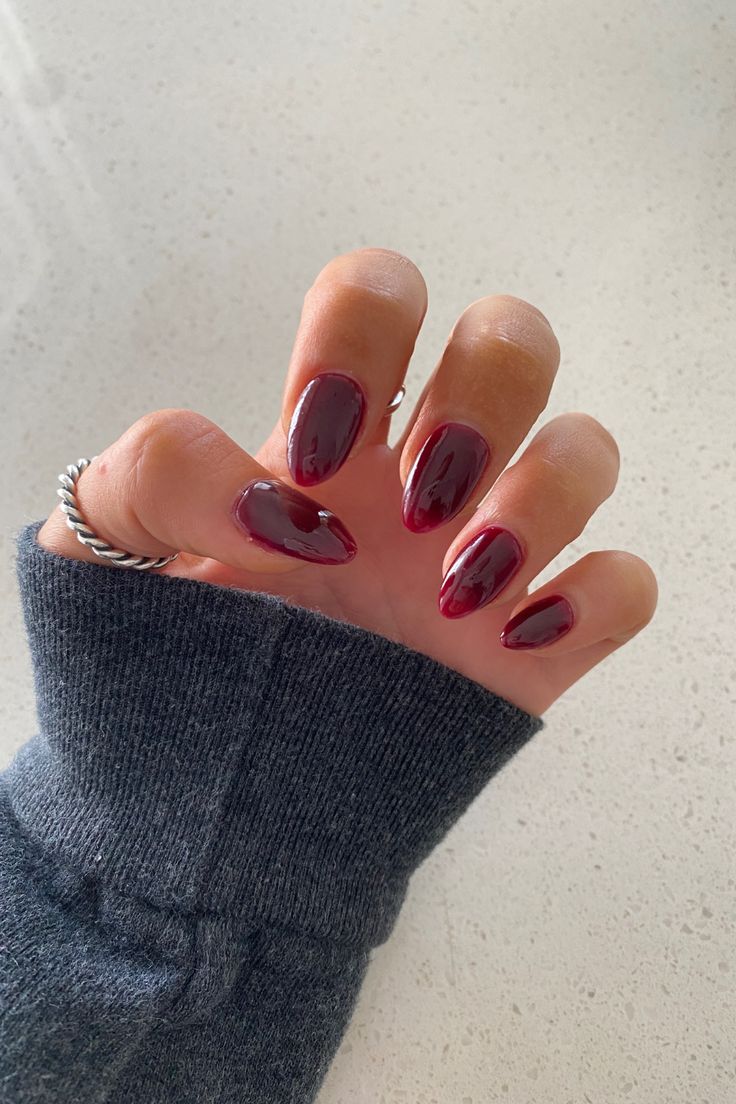 Dark Fuchsia Nails, Red Shirt Almond Nails, Blood Red French Tip Nails, Chrome Cherry Nails, Red Prom Dress Nails, Wine Almond Nails, Deep Red Nails Acrylic, Elegant Christmas Nails Classy, Dark Red Christmas Nails