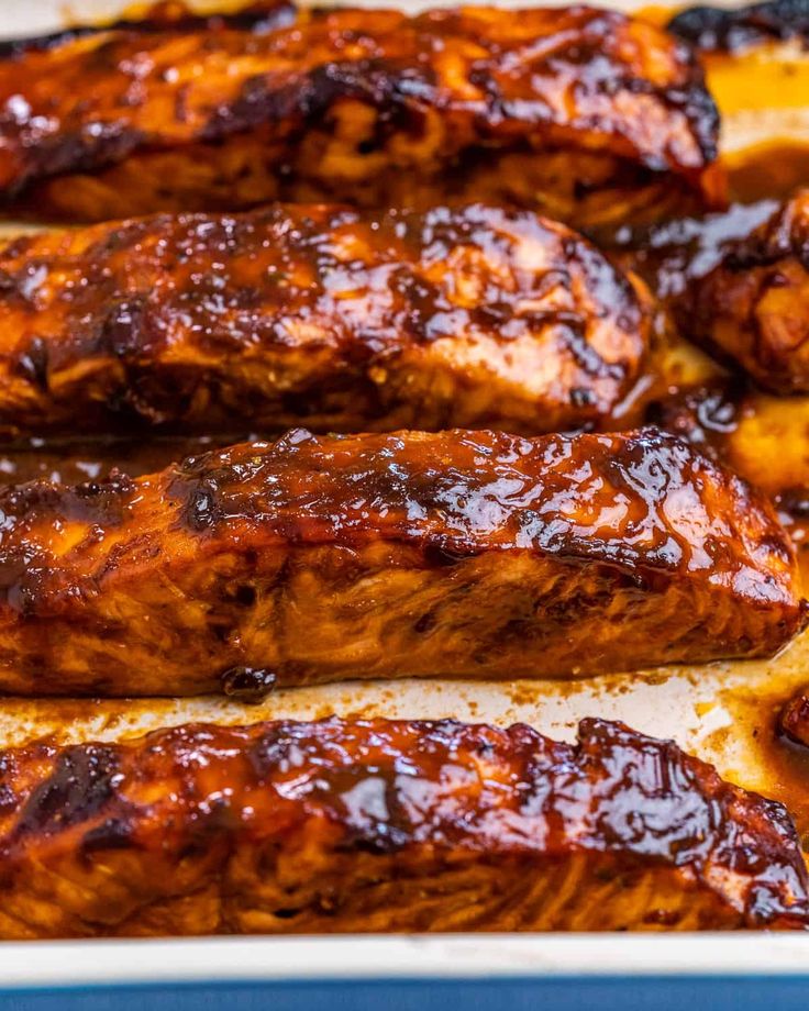 bbq ribs with barbecue sauce in a baking pan