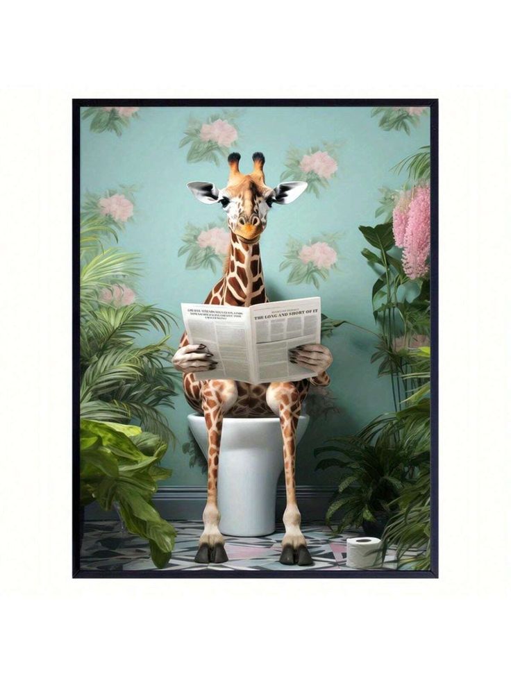 a giraffe sitting on top of a toilet reading a book next to flowers