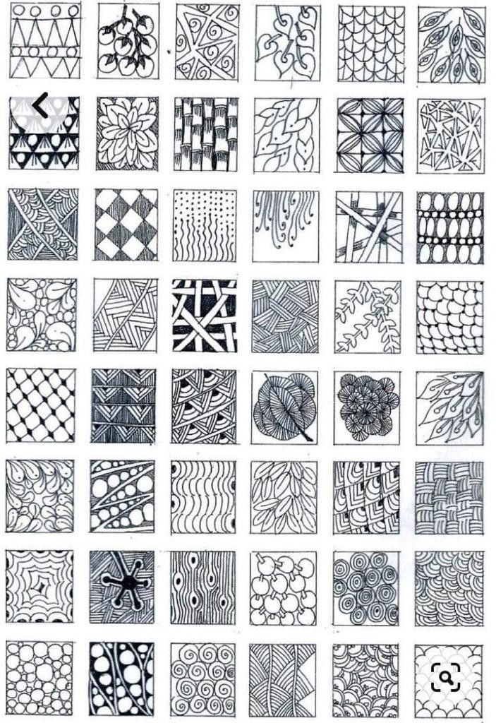 a bunch of black and white squares with different designs on them, all drawn by hand