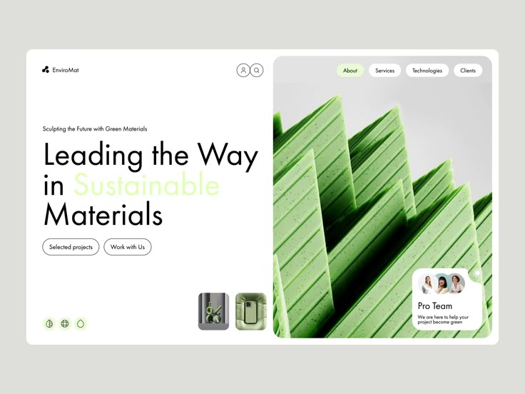 the website for leading the way in sustainable materials is displayed on a white background with green accents