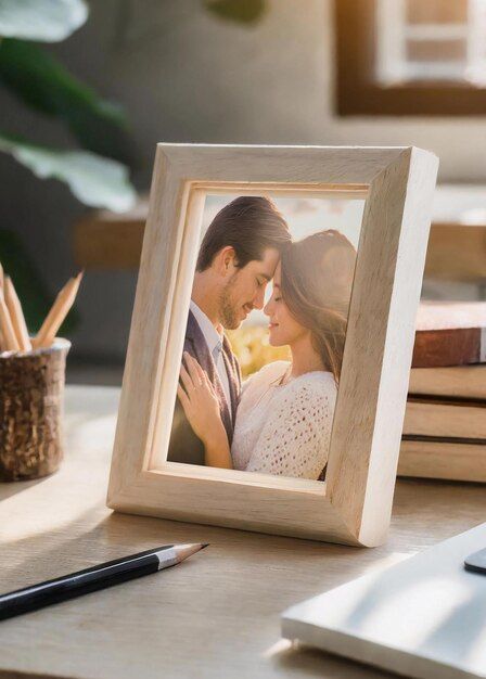 a wooden photo frame sitting on top of a desk next to a pen and notebook