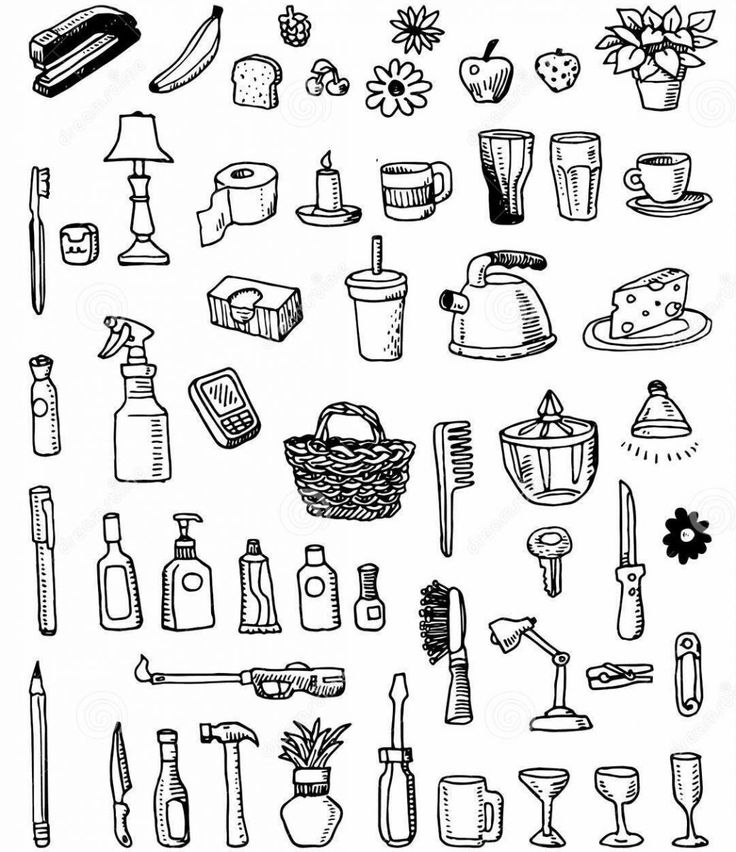 black and white hand drawn doodles of household items