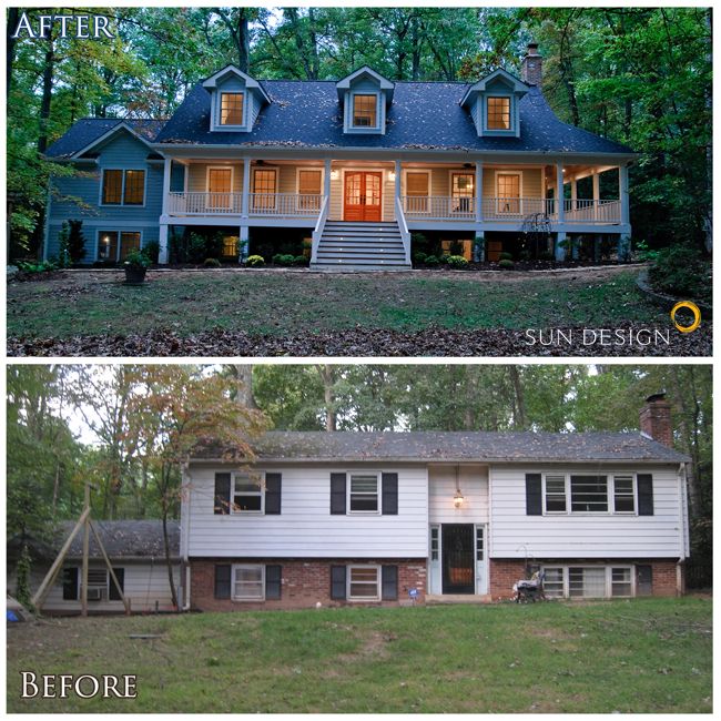 before and after photos of a house in the woods with porches, windows, and stairs