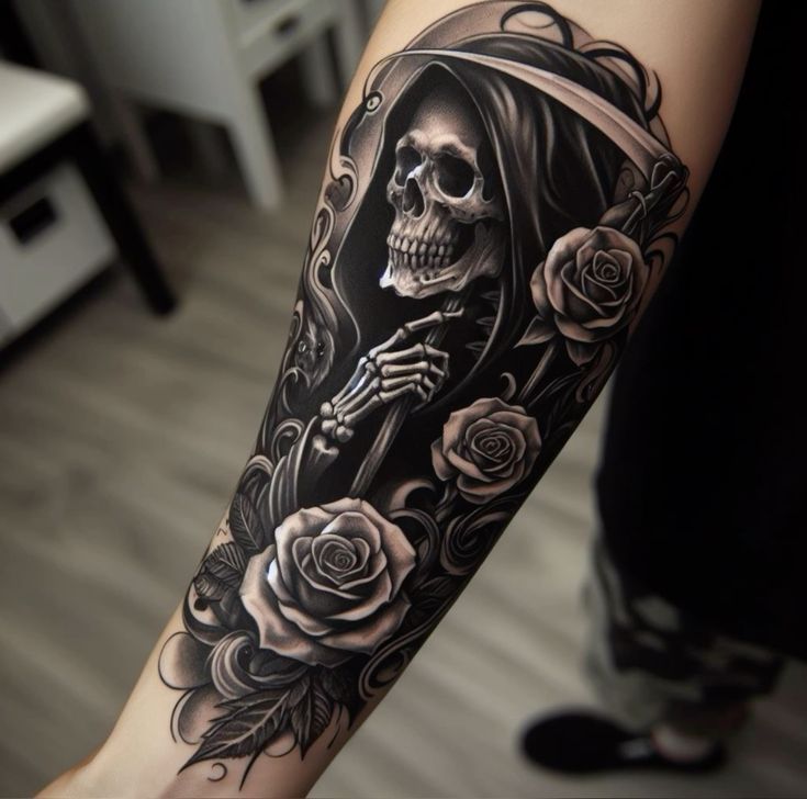 a woman with a skull and roses tattoo on her arm