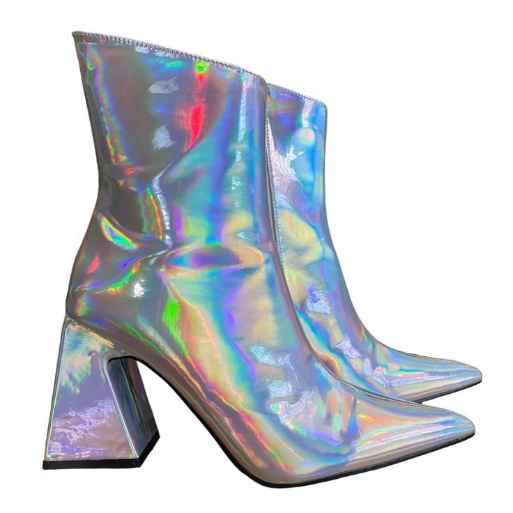 Public Desire Women's Kenzie Holographic Pu Pointed Toe Block Heel Ankle Boots - Blue - Fits Like 6.5/7 - Says Uk Size 5. "These Boots Have A Patent Holographic Vegan Leather Construction, A Pointed Toe Design, Block Heels, And Side Zipper Closures. Materials - Man Made" Never Worn, Bought From Dollskill. - I Picked Sz 7 Online And It Said Sz 5 On Them When I Got Them :) I Added Measurements As Well! - Please Check Photos / Videos Since They Are Part Of My Description Pink Knee High Boots, Holographic Boots, Black Sock Boots, Holographic Heels, Sock Ankle Boots, Public Desire Shoes, Metallic Boots, Footwear Fashion, Snakeskin Boots