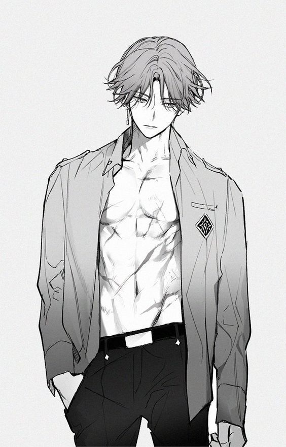 an anime character with no shirt and black pants, standing in front of a white background