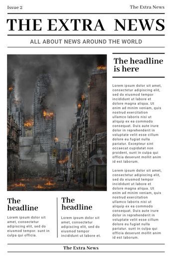 the front page of an extra news paper with a photo of a city on fire