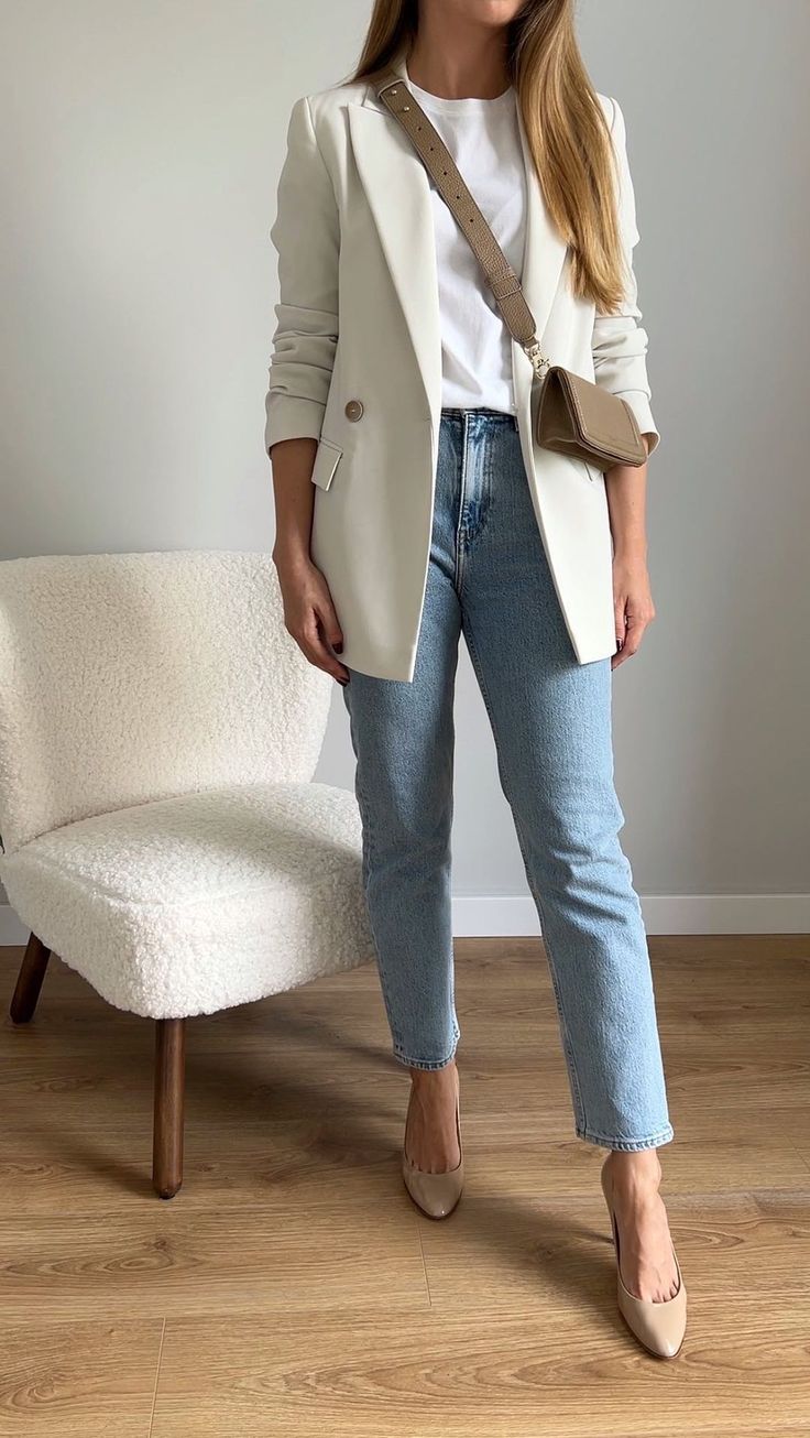 2022 Jeans, White Blazer Outfits, Looks Jeans, Mode Tips, Fall Transition Outfits, Closed Toe Heels, Blazer Outfit, Business Casual Outfits For Work, Transition Outfits