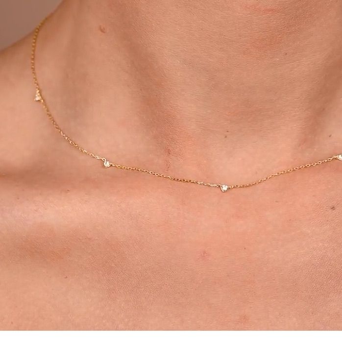 Solid 14k Yellow Gold Sixteen Inch Necklace With 7 Diamonds Dainty Yellow Gold Diamond Necklace With Single Cut Diamonds, Dainty Yellow Gold Diamond Clavicle Necklace, Classic 14k Gold Clavicle Chain Jewelry, Delicate Yellow Gold Diamond Necklace With Brilliant Cut, Delicate Yellow Gold Diamond Cut Necklace, Fine Jewelry Diamond Necklace With Delicate 14k Gold Chain, 14k Gold Diamond Necklace With Delicate Chain, Delicate Diamond Necklace In Yellow Gold, Delicate Gold Plated Yellow Gold Diamond Necklace