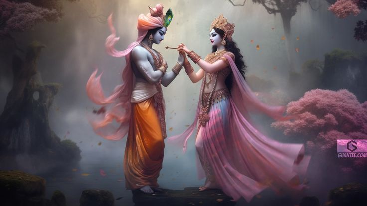 two people dressed as hindu deities standing in the woods with trees and flowers around them