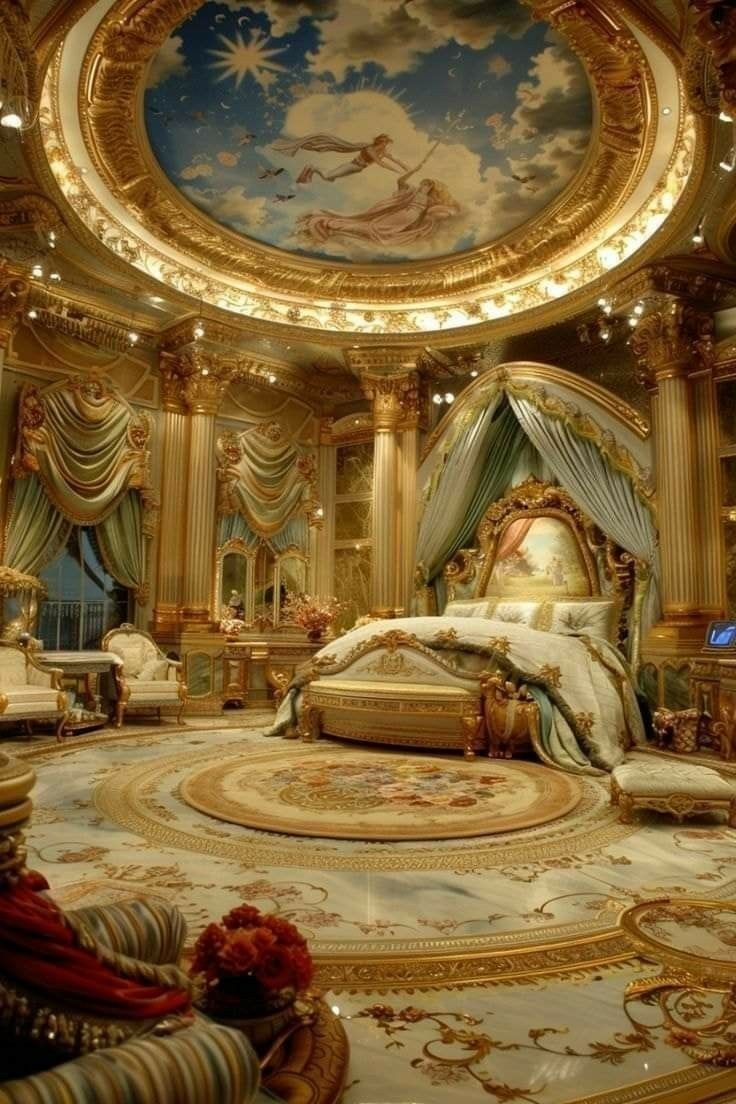 a fancy bedroom with gold and blue decor