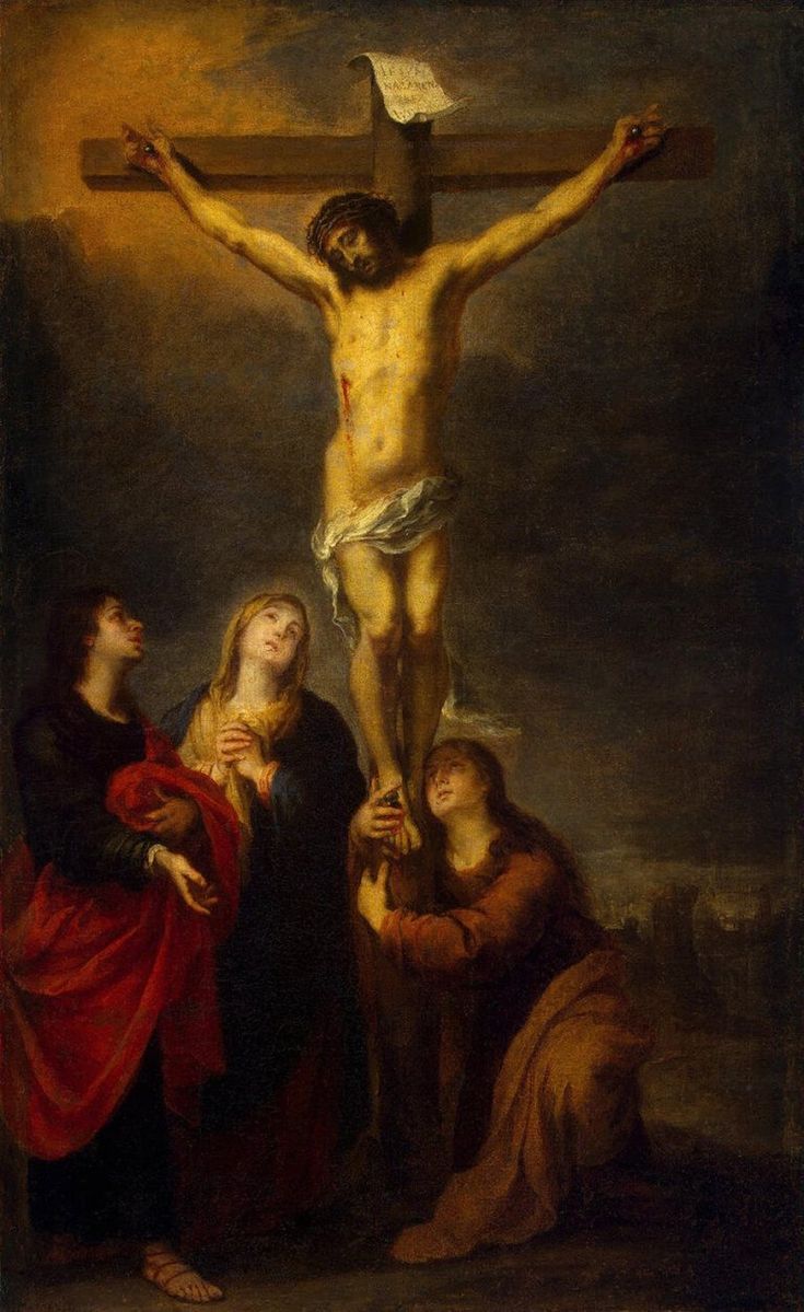 the crucifix with three people around it