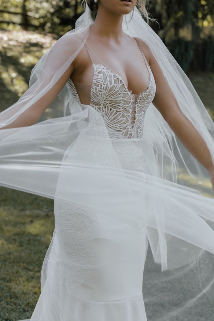 a woman wearing a wedding dress and veil