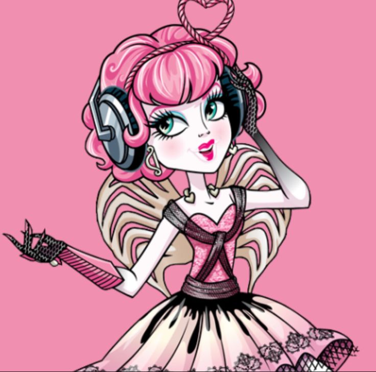 a cartoon girl with headphones on her ears and holding a pink hair dryer