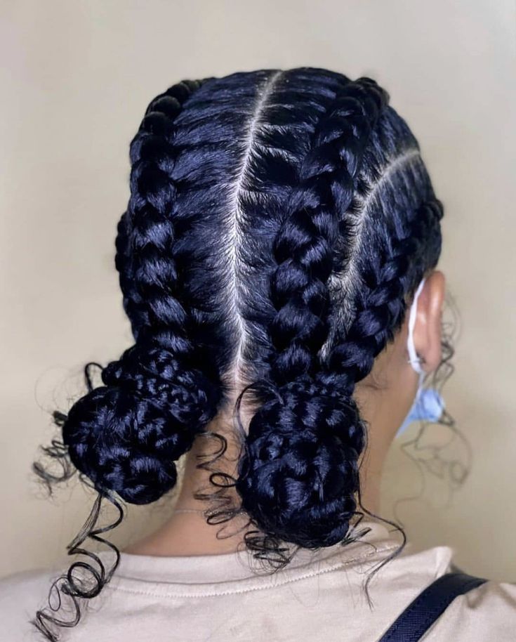 Two French Braids With Buns At End, 3 Braid Hairstyles, Braided Two Buns For Black Hair, 2 French Braids Into Buns, Camping Hairstyles Black Women, Easy Braided Hairstyles Black Women, Braid Bun Styles For Black Hair, Cornrow Two Buns, Vacation Hair Styles For Black Women