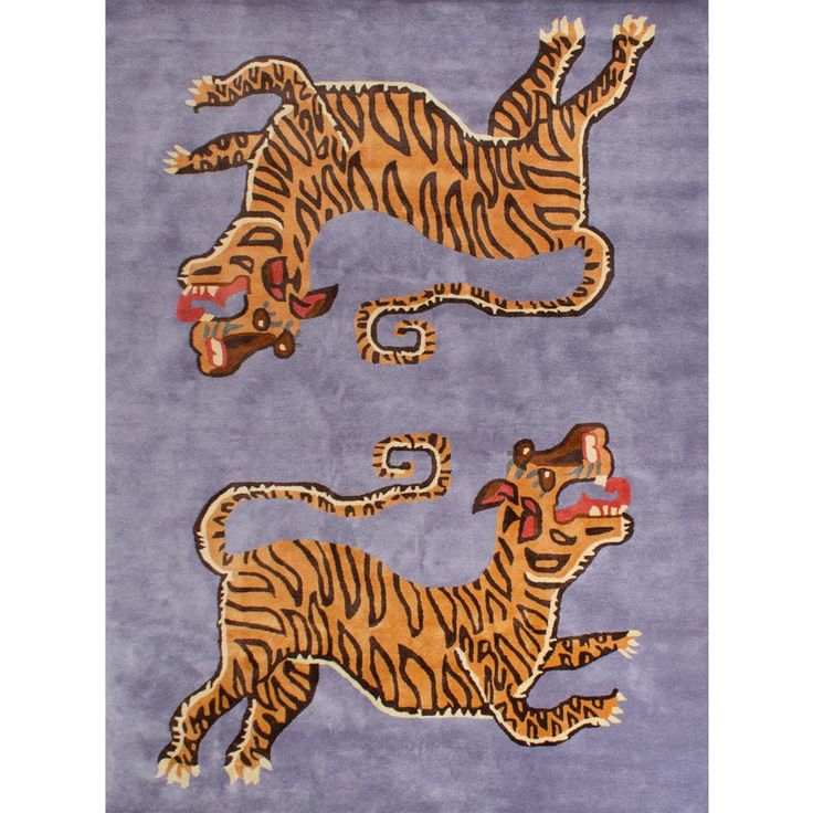 two rugs with tigers on them and one has a dog in the middle, while the other is laying down