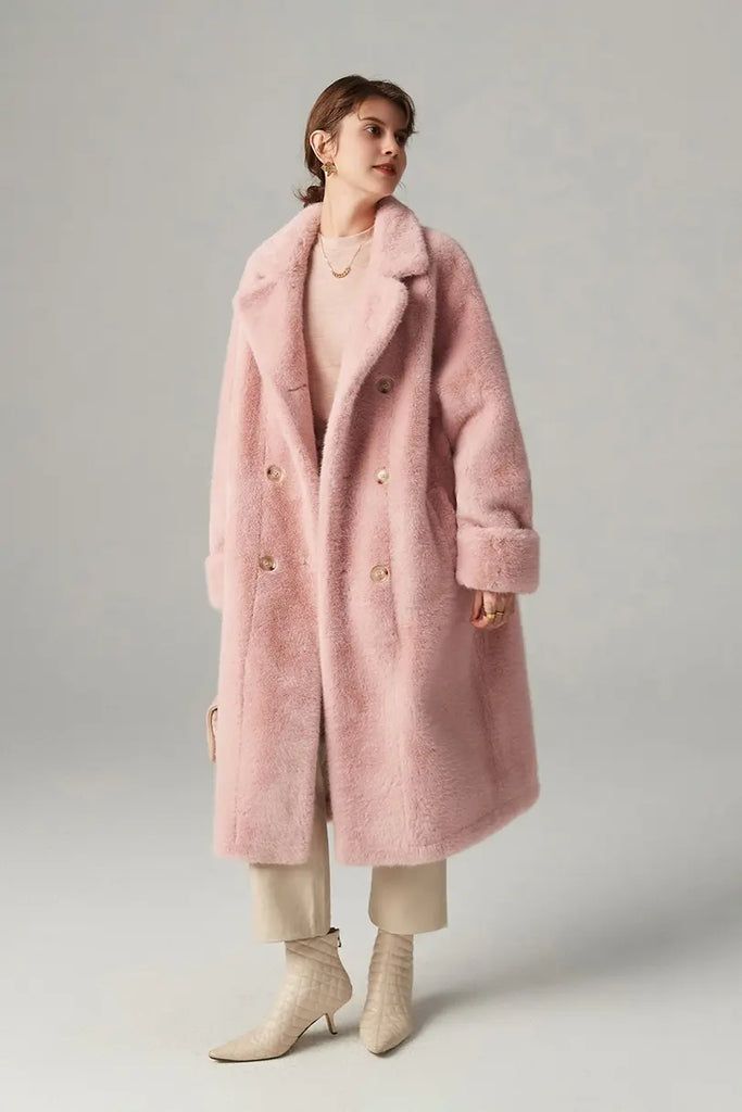 Fibflx Women's Long Double-breasted Pink Faux Fur Coat With Lapel Collar Pink Fluffy Long Sleeve Fur Coat, Elegant Pink Fur Coat For Fall, Pink Double-breasted Winter Outerwear, Winter Pink Fluffy Fur Coat, Chic Pink Faux Fur Coat, Pink Faux Fur Coat For Winter, Pink Long Fur Coat For Fall, Pink Double-breasted Outerwear With Double Button Closure, Pink Faux Fur Coat