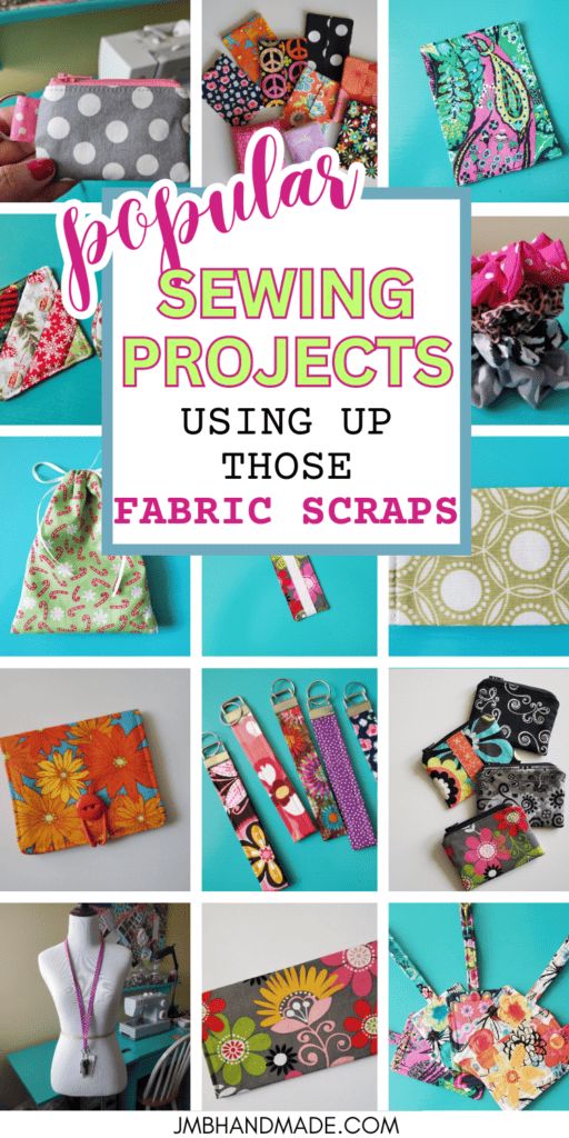 many different types of fabric scraps with text overlay that reads popular sewing projects using up those fabric scraps