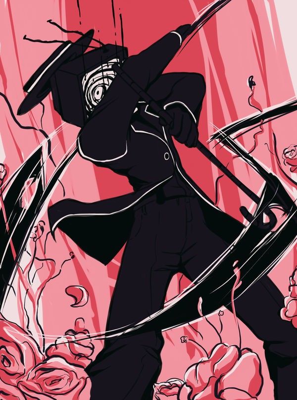 an anime character with long black hair holding two swords in front of pink background and flowers