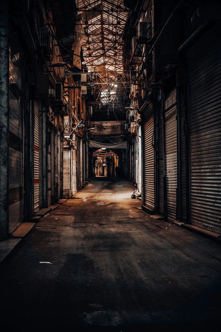 an empty alley with closed doors and no people