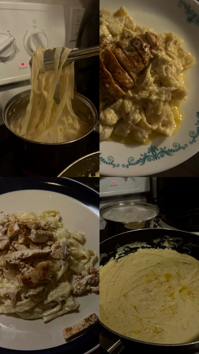 four different pictures of food being cooked in pans and on plates with utensils