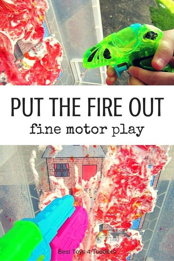 a person holding a toy in their hand with the words put the fire out fine motor play