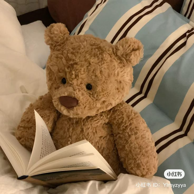 a brown teddy bear sitting on top of a bed next to an open book in its paws