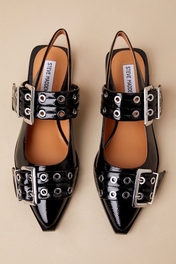 Graya Black Patent Studded Buckle Slingback Flats Casual Night Out Shoes, Black Buckle Heels, Stylish Work Attire With Sneakers, Steve Madden Flats Outfit, Styling Flats, Stud Shoes, Street Fashion Women, Going Out Shoes, 2024 Shoes