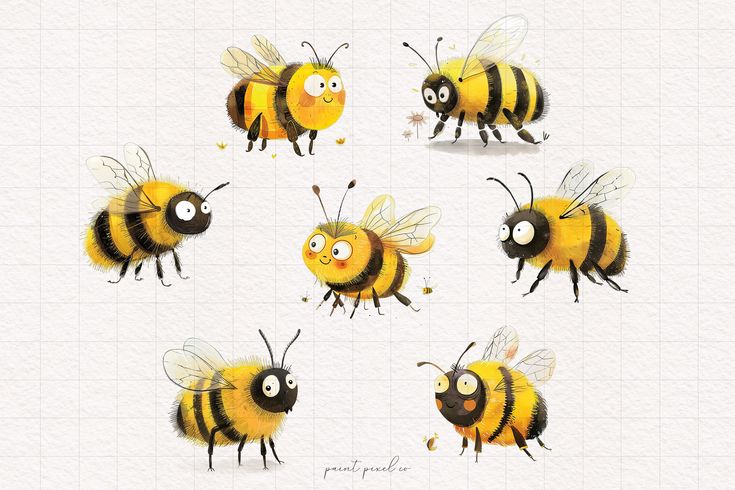 six bees with different expressions on their faces and body, all facing in the same direction