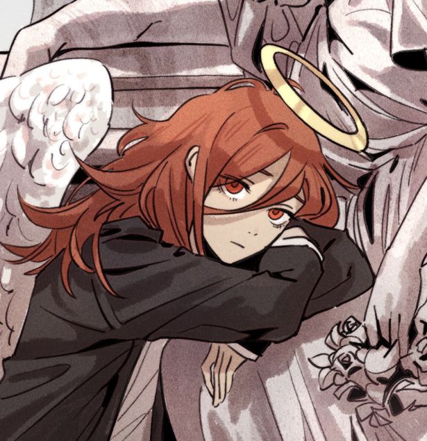 an anime character with red hair and angel wings on her head, leaning against a wall