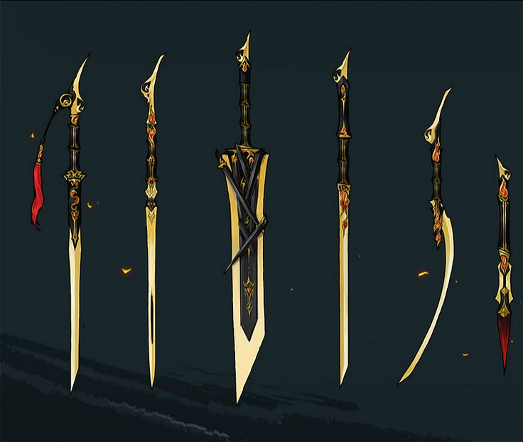 the different types of swords are shown in this image, including one with gold and red accents