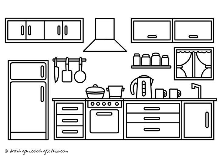 a black and white line drawing of a kitchen with stove, oven, cabinets and utensils