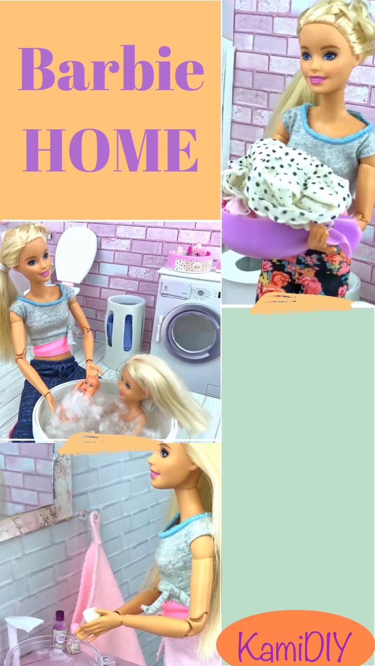 the barbie doll is washing her hands in the sink and looking at herself in the mirror