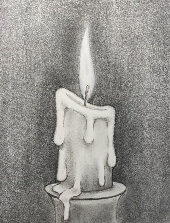 a drawing of a lit candle on top of a cake with icing around it