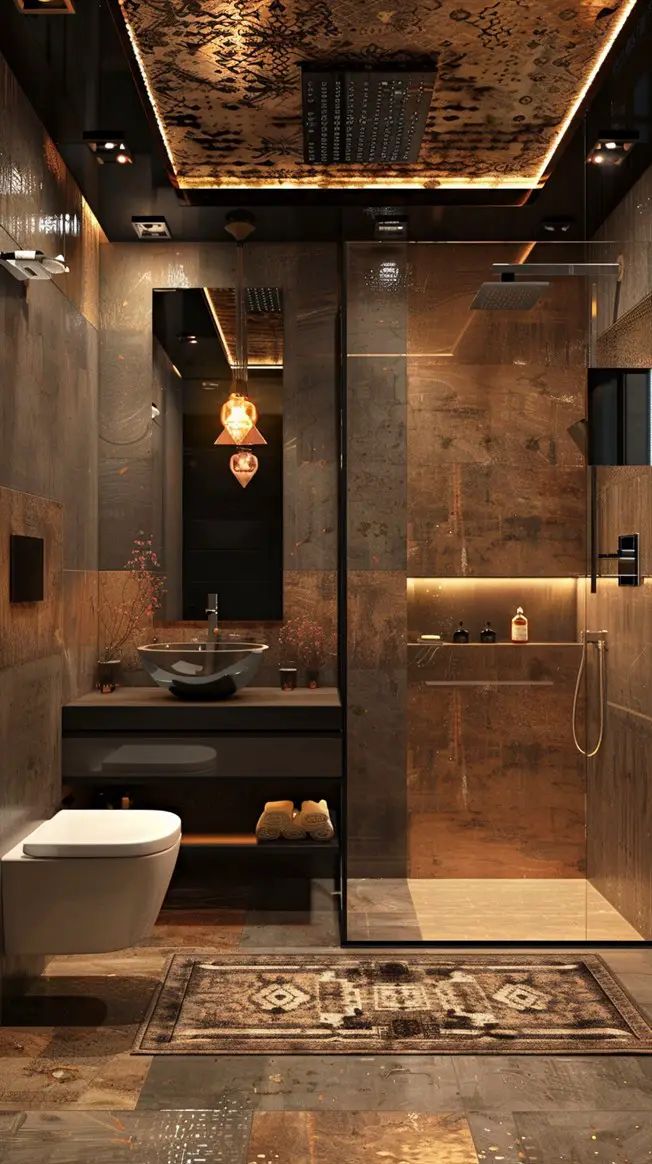 a bathroom with a toilet, sink and bathtub in the middle of the room