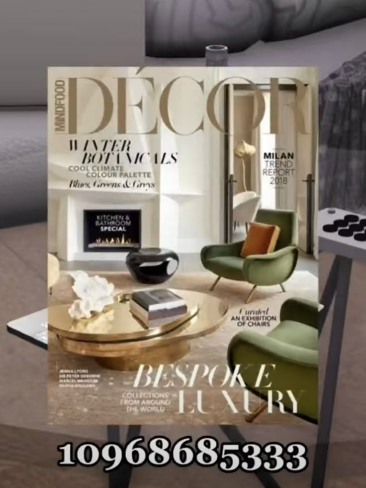 a magazine cover sitting on top of a table in front of a couch and chair