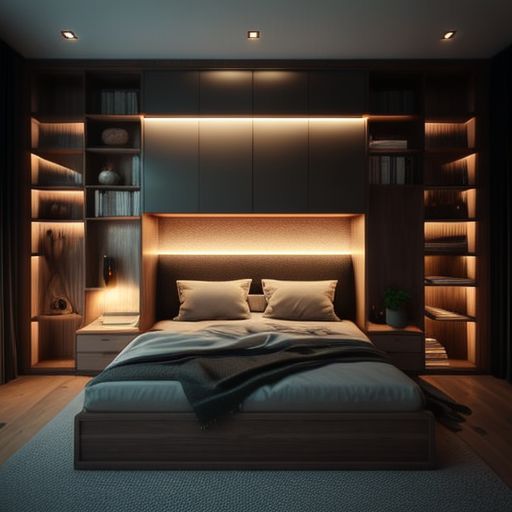 a large bed sitting in the middle of a bedroom next to a night stand and shelves