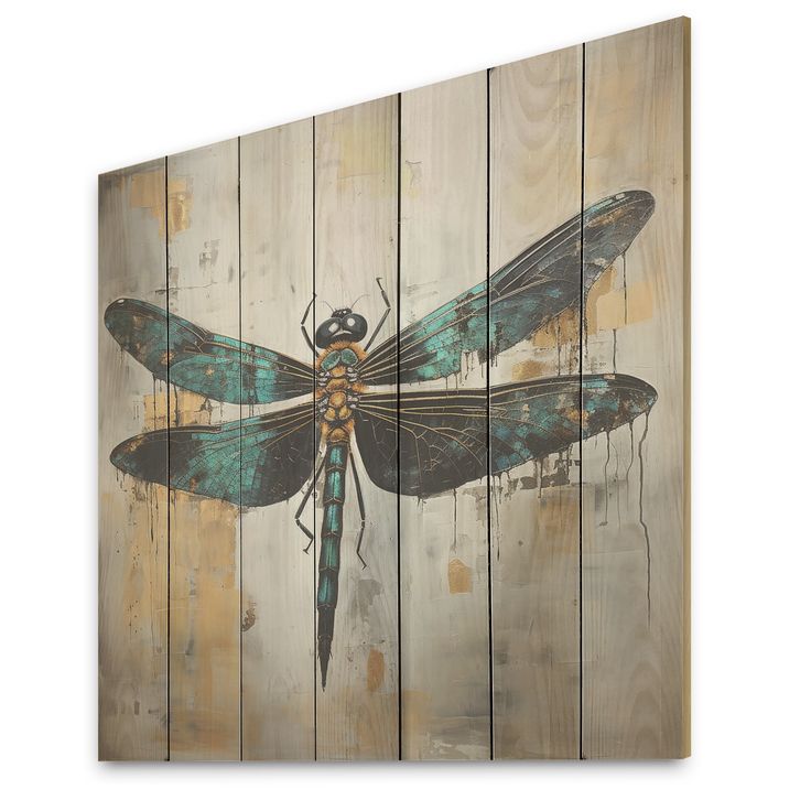 a painting of a dragonfly on wood planks