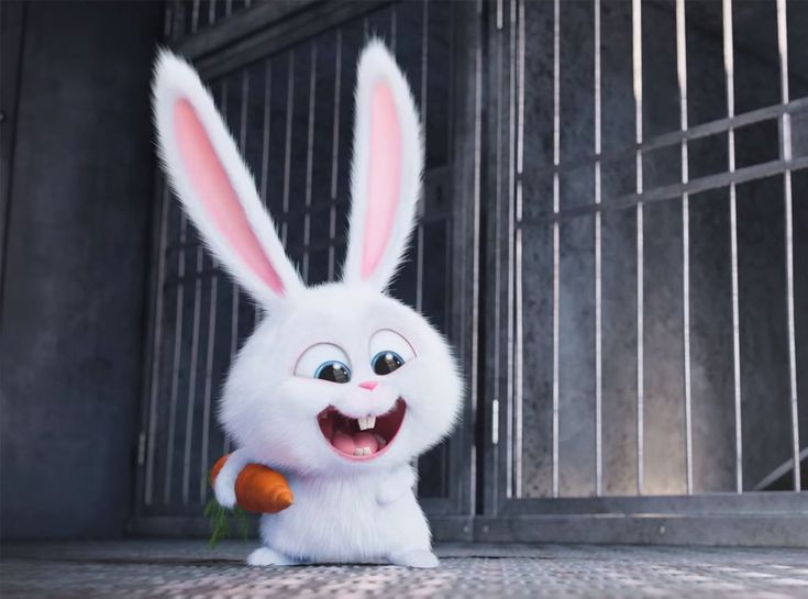 a white bunny holding a carrot in front of a jail cell