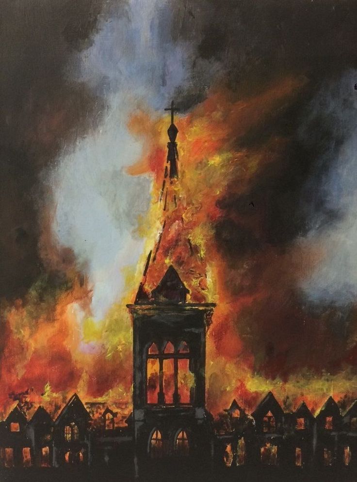 an oil painting of a building on fire