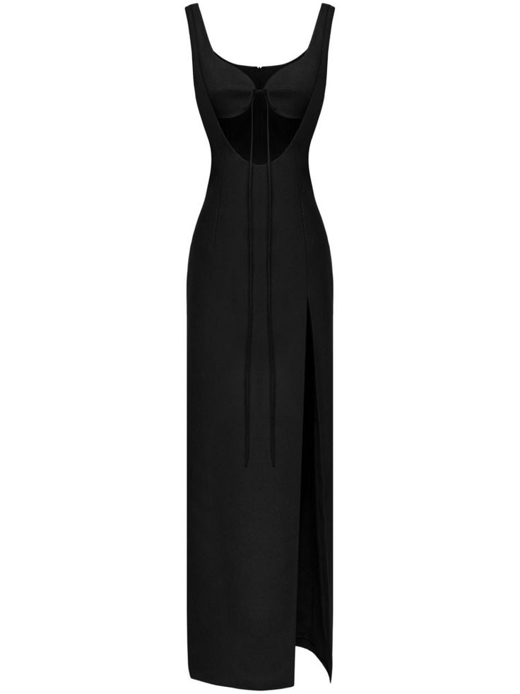 black stretch-design cut-out detailing layered details built-in fabric bra side slit V-neck front tie fastening concealed rear zip fastening thin shoulder straps sleeveless fitted waistline long length straight hem Fantasy Gowns, City Dress, Women's Evening Dresses, Maxi Dress Blue, Sleeveless Maxi Dress, Black Stretch, Black Maxi Dress, Cocktail Dress Party, Long Length