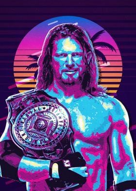 a man holding a wrestling belt in front of an image of the sun and palm trees