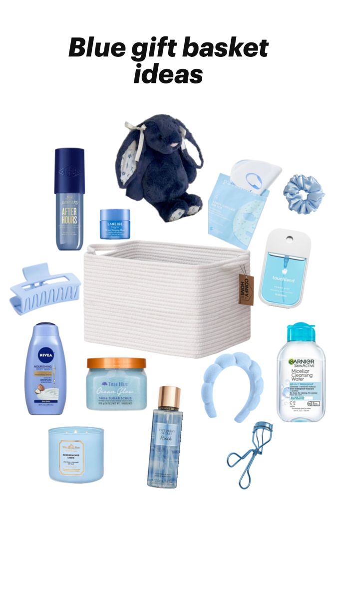 the blue gift basket is filled with baby items