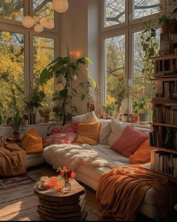 a living room filled with lots of windows and furniture next to a bookshelf