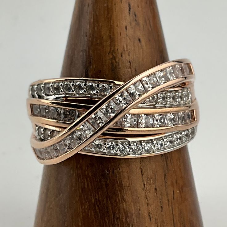 Vintage Cubic Zirconia Sterling Silver CrossOver Ring, UK Size V1/2, US Size 11, EU Size 64 1/4, Rose Gold Gilded, Stamped 925 DQCZ Diamond Quality Cubic Zirconia, Front Width 10.2mm, Weight 8.67 Grams, Lovely Condition Vintage Cubic Zirconia Filigree Ring, Yellow Gold Cubic Zirconia Cluster Ring, Baguette Cut, Yellow Gold Cubic Zirconia Rings, Fine Jewelry, Rose Gold Multi-stone Cubic Zirconia Ring, Vintage Multi-stone Cubic Zirconia Jewelry, Crossover Ring, Gold Gilding, Crossover, Rings Statement