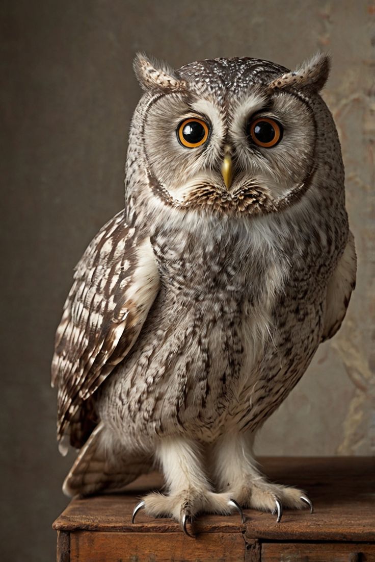 an owl sitting on top of a wooden table