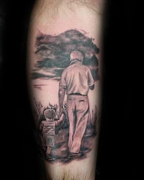 Boy With Grandfather Mens Leg Tattoo Design Chicano Tattoo Drawings, Grandfather Memorial Tattoos, Grandchildren Tattoos, Grandfather Tattoo, Grandpa Tattoo, Grandparents Tattoo, Father Daughter Tattoos, Army Tattoos, Leg Tattoo Men